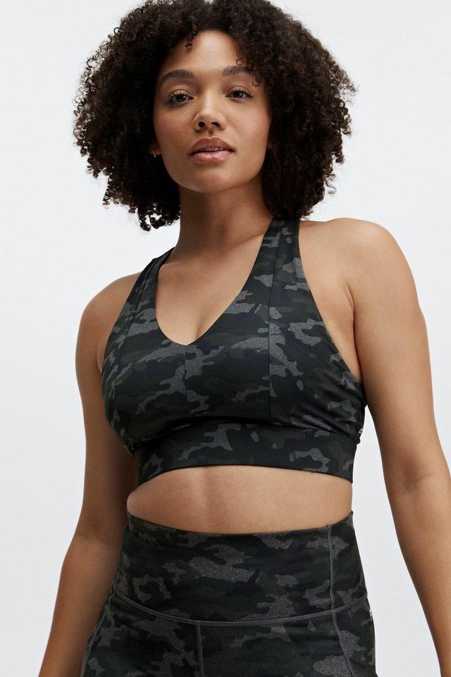 Fabletics On-The-Go Midi Medium Impact Sports Bra Womens Charcoal Camo/Black Logo plus Size 4X Product Image