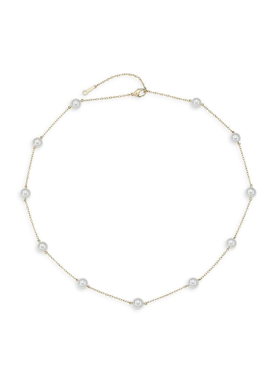 Womens 18K Yellow Gold & 6MM Cultured Akoya Pearl Station Necklace Product Image