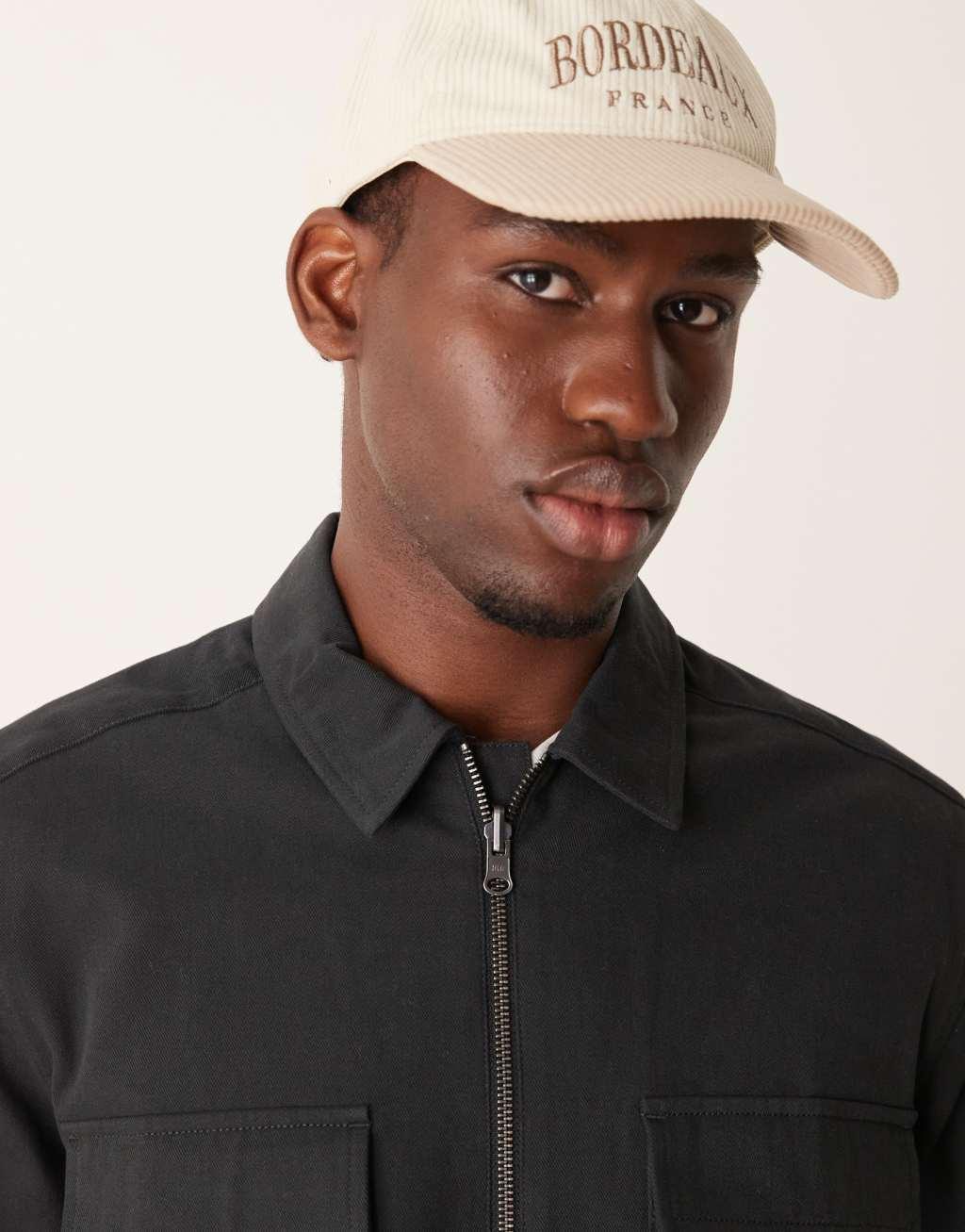 ASOS DESIGN boxy overshirt with front zip in black Product Image