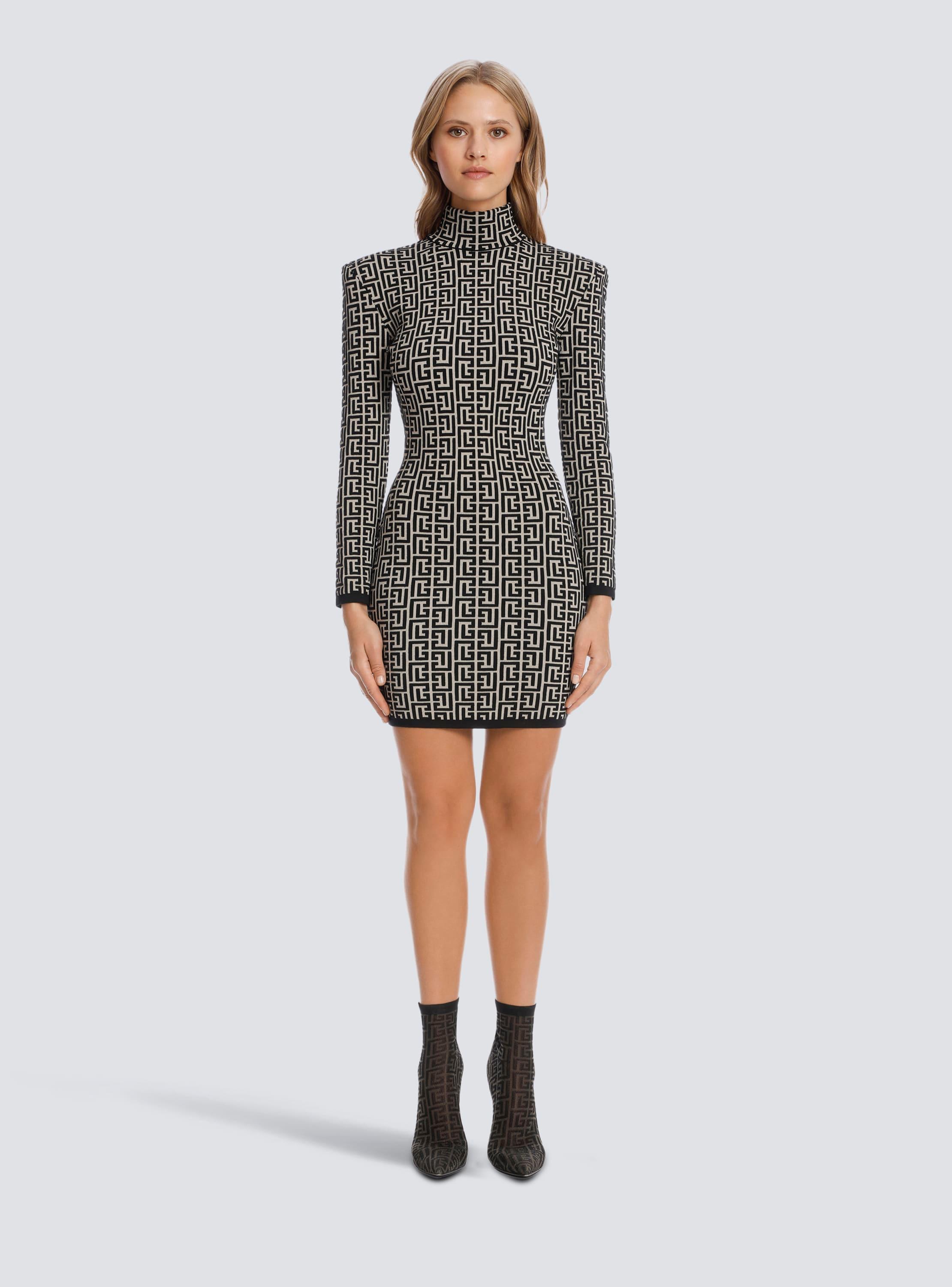 Short bicolor jacquard knit dress with Balmain monogram Product Image