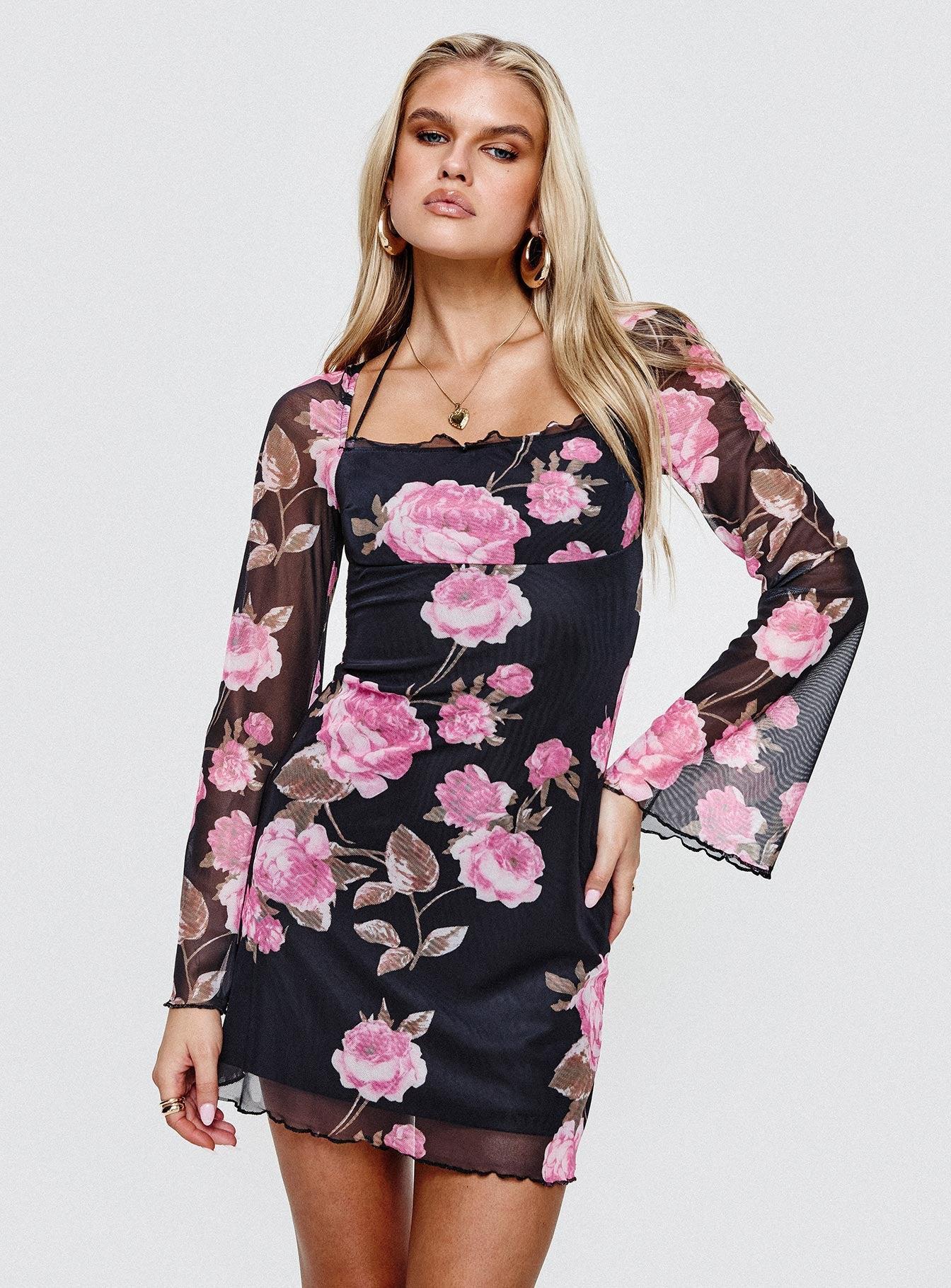 Bilbao Long Sleeve Mini Dress Black / Floral Product Image