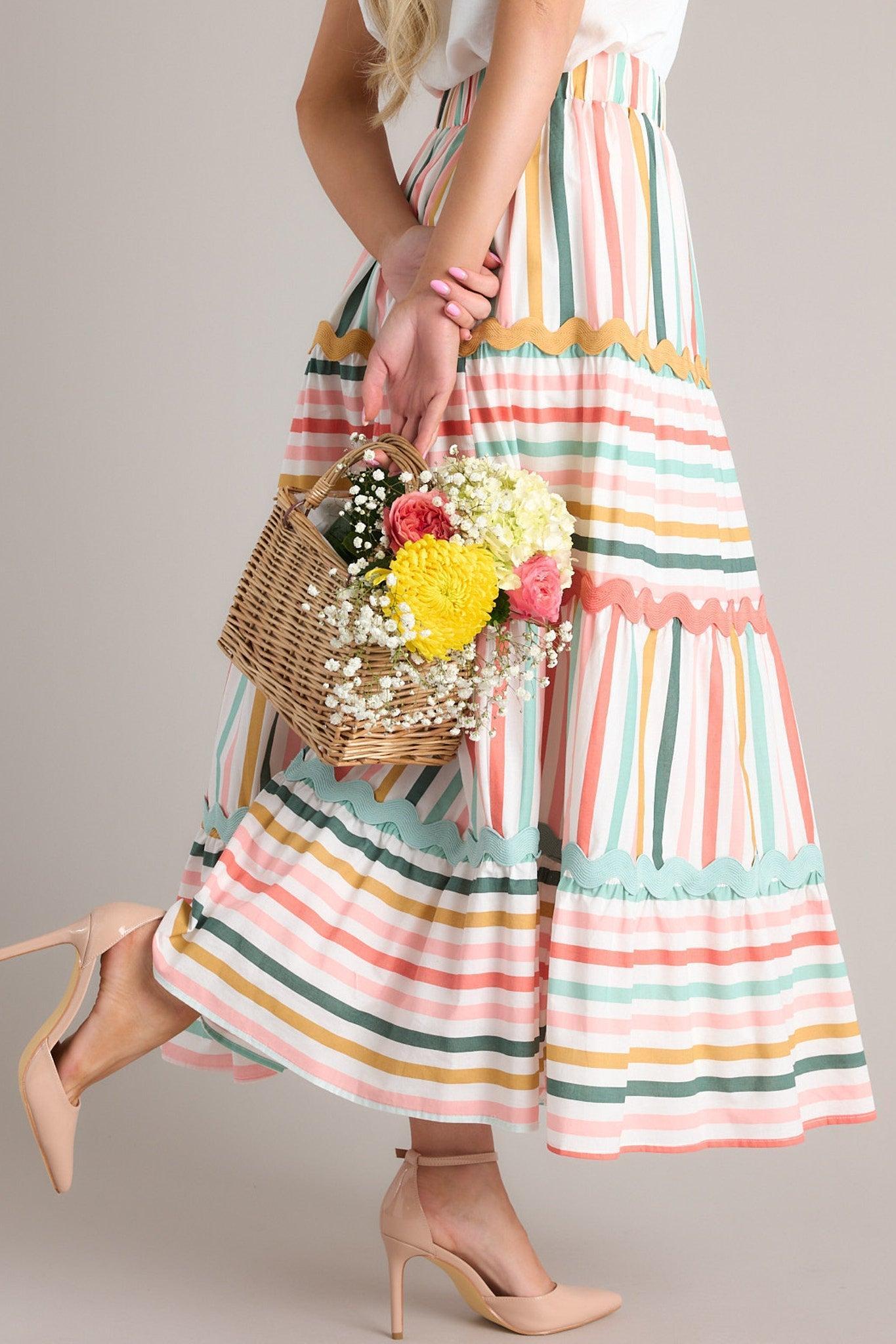 Meet For Tea Sage Multi Stripe Cotton Maxi Skirt Product Image