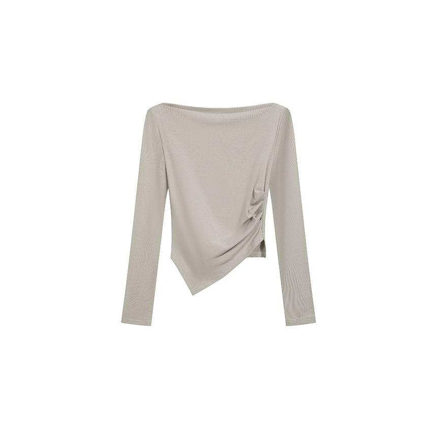 Long-Sleeve One-Shoulder Plain Asymmetrical Tee Product Image