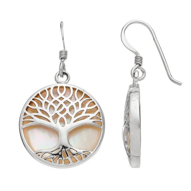 Sterling Silver Mother-of-Pearl Tree of Life Disc Drop Earrings, Womens, White Product Image