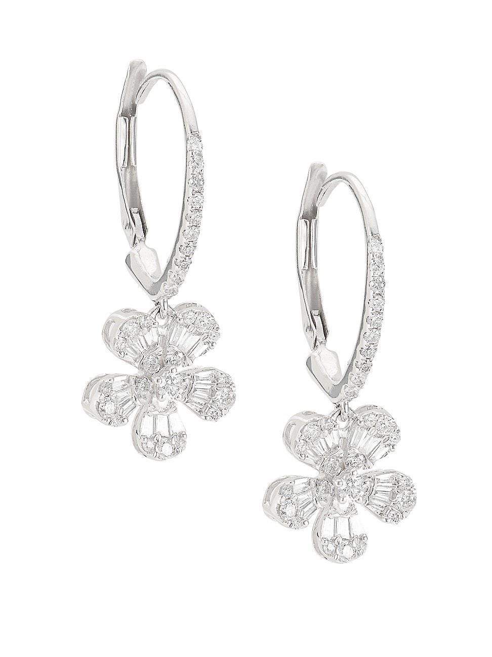 Womens 14K White Gold & 0.72 TCW Diamond Flower Drop Earrings Product Image