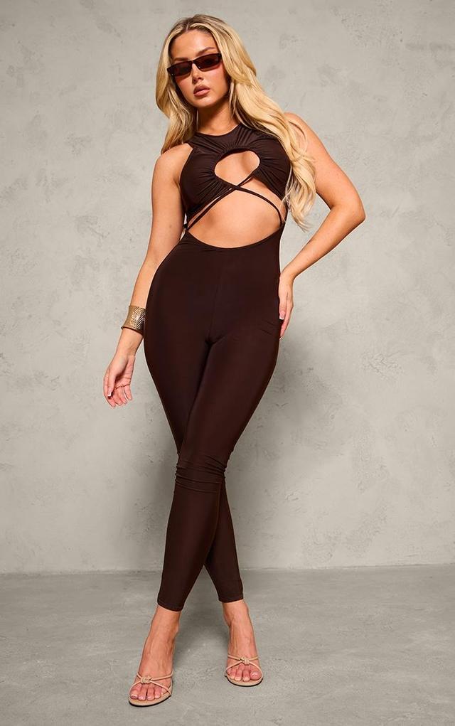 Chocolate Slinky Twist Front Racer Neck Jumpsuit Product Image