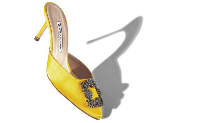 HANGISIMU Yellow Satin Jewel Buckle Mules Product Image