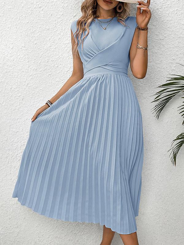 Loose Raglan Sleeve Elasticity Pleated Solid Color Split-Joint Tied Waist Round-Neck Midi Dresses Product Image