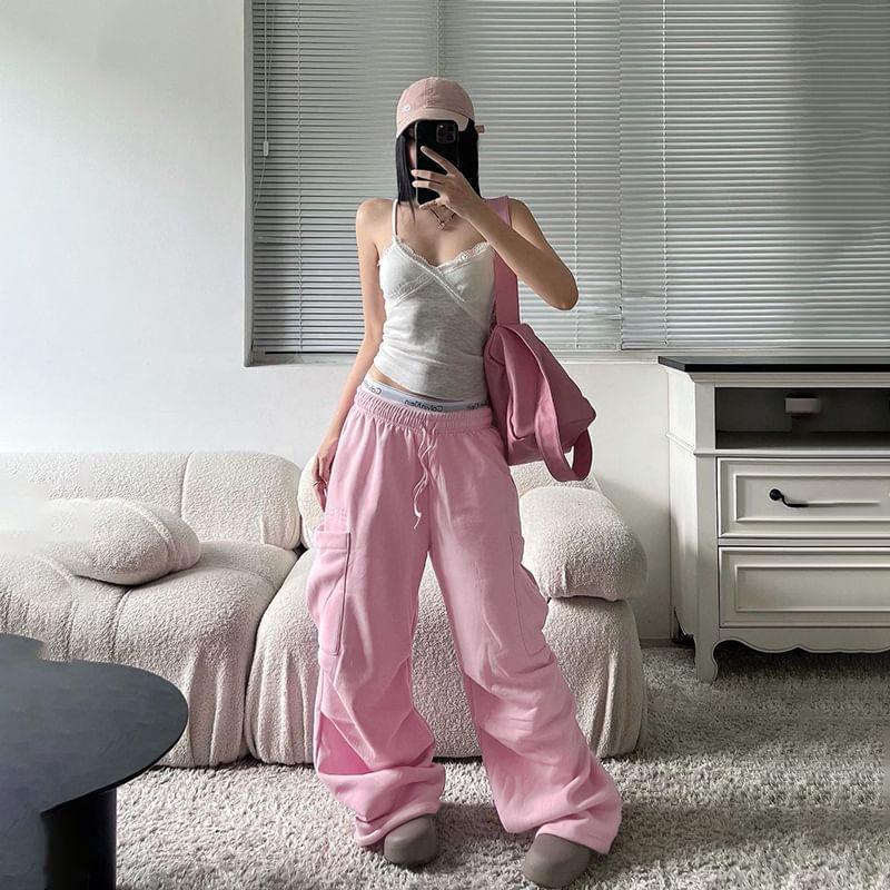 Drawstring Waist Plain Sweatpants Product Image