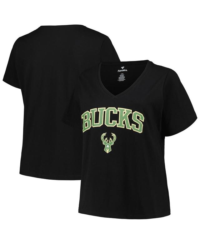 Womens Profile Black Milwaukee Bucks Plus Size Arch Over Logo V-Neck T-Shirt Product Image