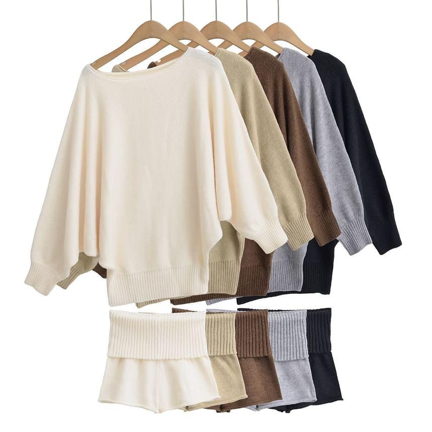 Set: Cold-Shoulder Puff-Sleeve Plain Sweater + High Waist Shorts Product Image