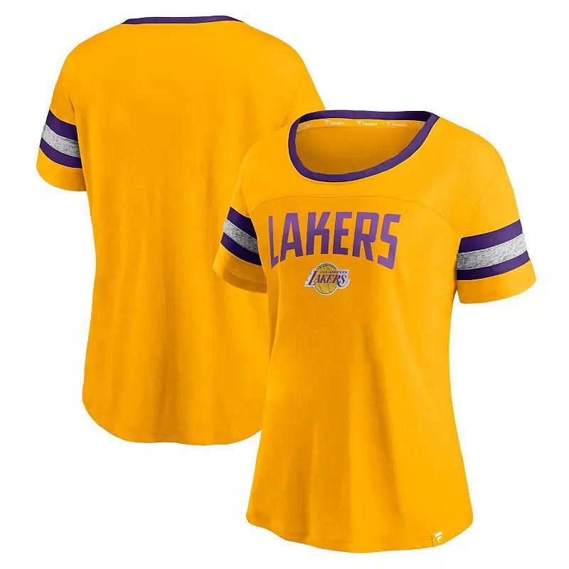 Womens Fanatics Branded /Heathered Gray Los Angeles Lakers Block Party Striped Sleeve T-Shirt Product Image