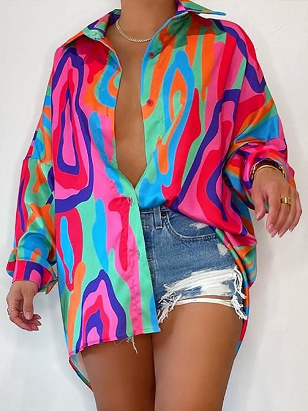 High-Low Long Sleeves Buttoned Printed Lapel Blouses&Shirts Tops Product Image