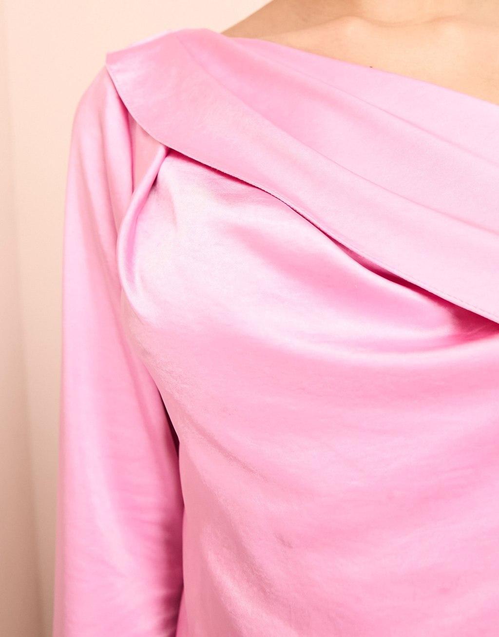 ASOS LUXE off the shoulder satin draped top with exaggerated sleeve in pink Product Image