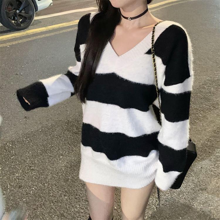 V-Neck Striped Cardigan Product Image