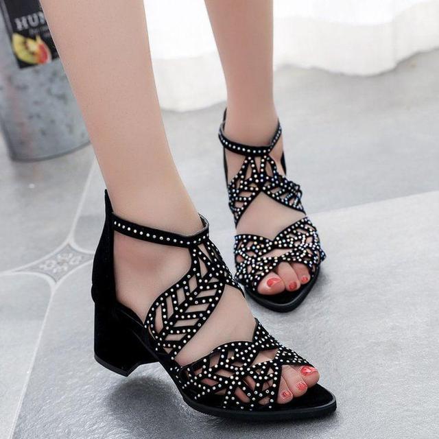 Block Heel Rhinestone Sandals Product Image