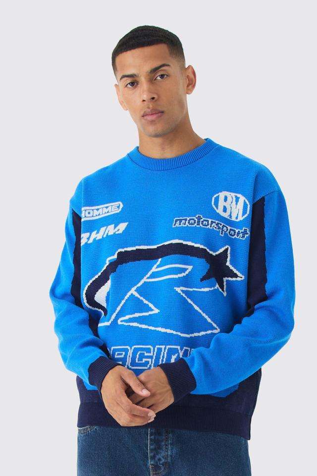 Oversized Boxy Moto Racing Knitted Sweater | boohooMAN USA Product Image