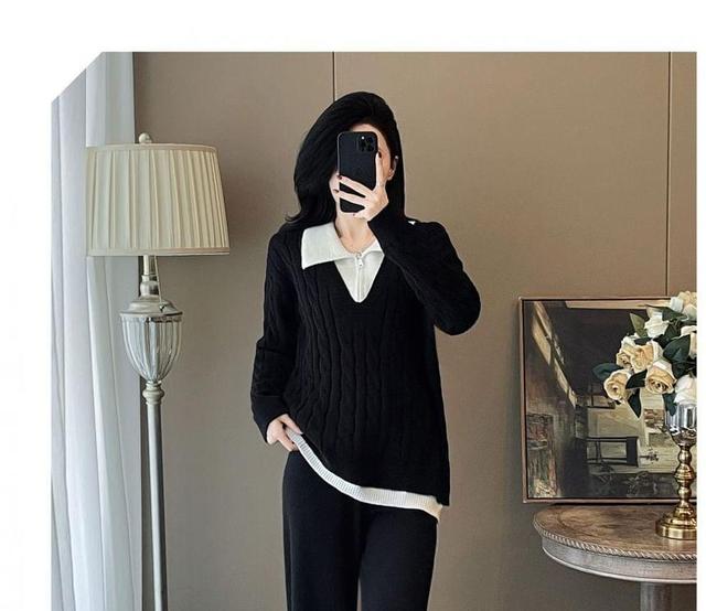 Set: Collared Mock Two-Piece Two Tone Cable Knit Half-Zip Sweater + High Waist Plain Wide Leg Pants Product Image