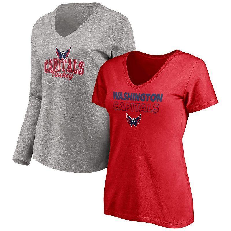 Womens Fanatics Branded Red/Heathered Gray Washington Capitals Short Sleeve & Long Sleeve V-Neck T-Shirt Combo Pack Product Image