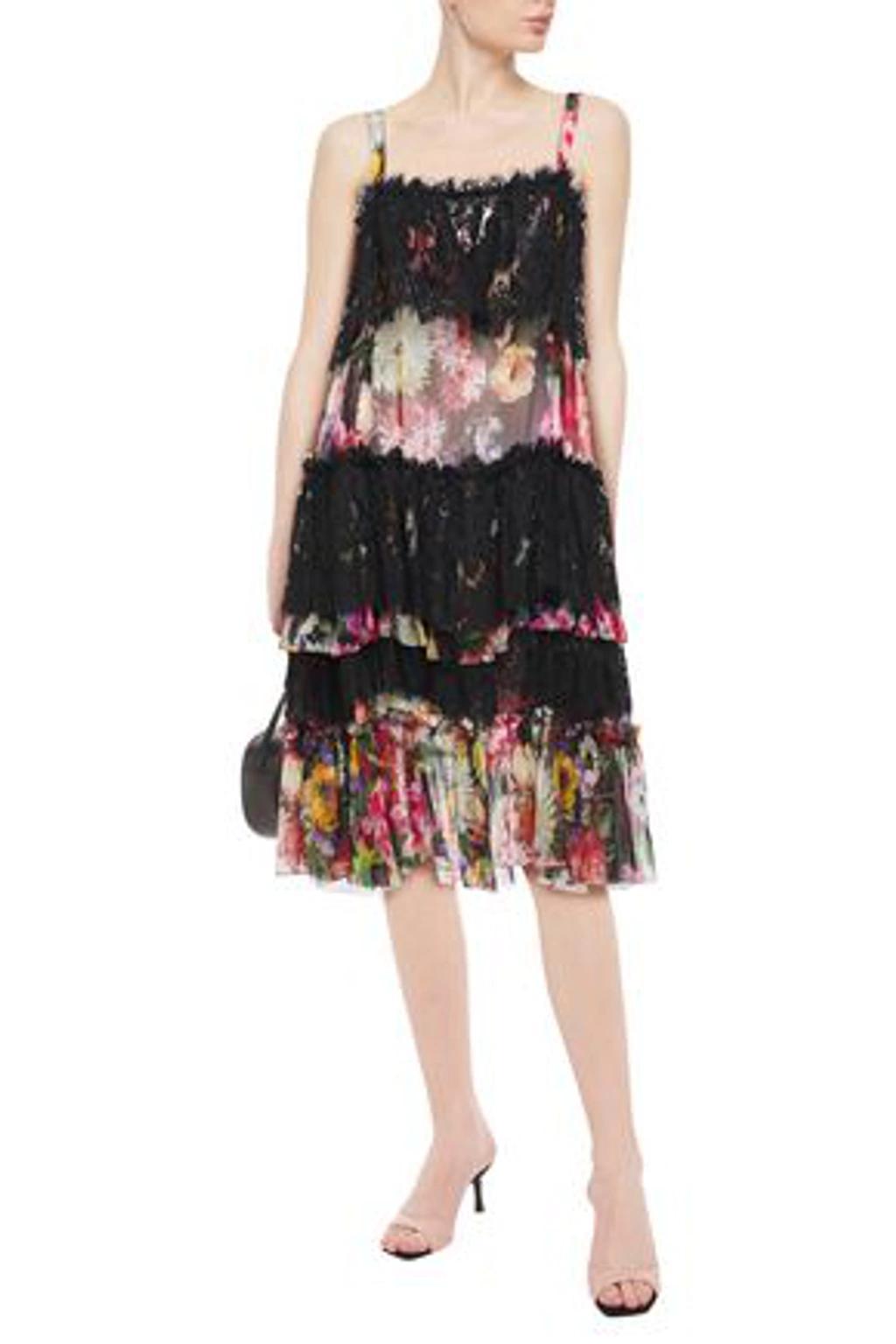 Tiered Floral-print Silk-blend Voile And Lace Dress In Black Product Image