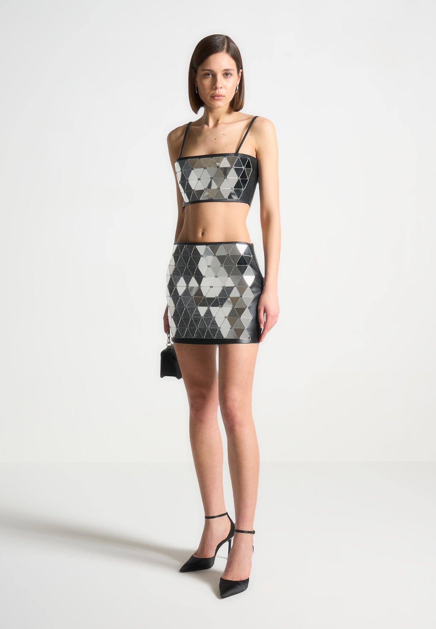 Vegan Leather Mirrored Mini Skirt - Silver/Black Female Product Image