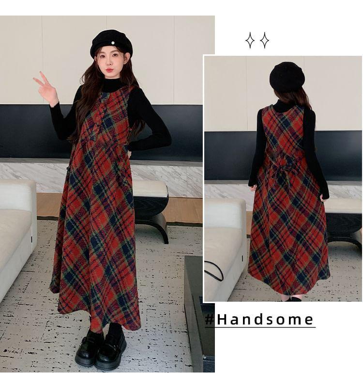 Maternity Sleeveless Plaid Midi A-Line Dress Product Image