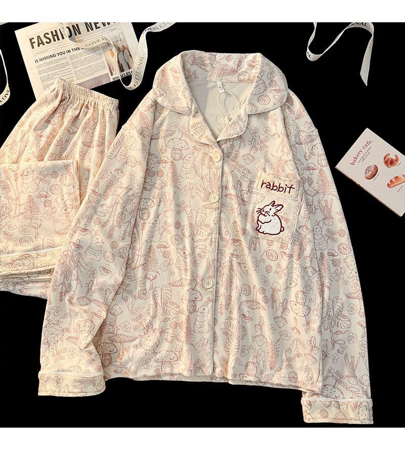 Pajama Set: Long-Sleeve Rabbit Print Top + Pants Product Image