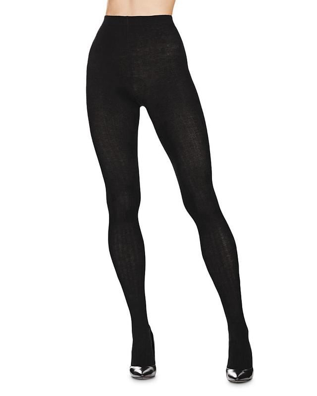 Womens Cashmere Blend Ribbed Sweater Tights - Black - Size Medium Product Image