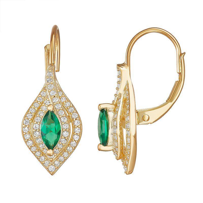 14k Gold Over Silver Lab-Created Emerald Marquise Leverback Earrings, Womens, Green Product Image