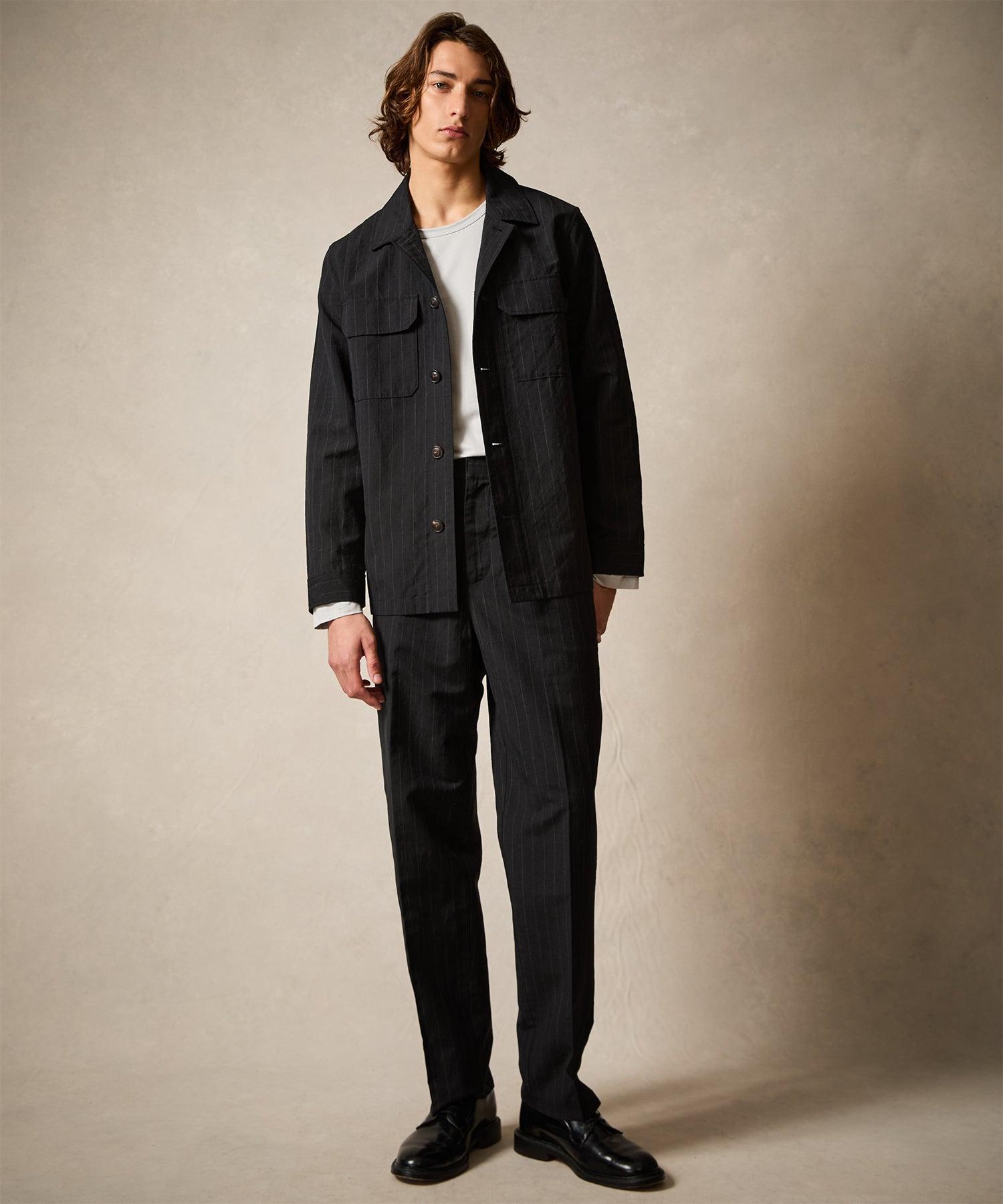 Italian Wool Linen Side Elastic Trouser in Black Pinstripe Product Image