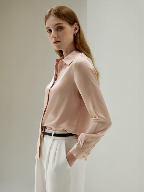 Basic Concealed Placket Silk Shirt Product Image