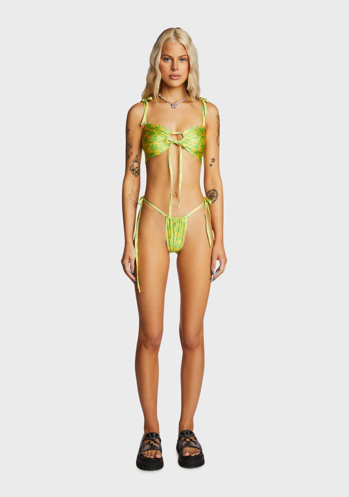 Groovy Gal Checkered Bikini Top Bottom Set - Green/Yellow Floral Product Image