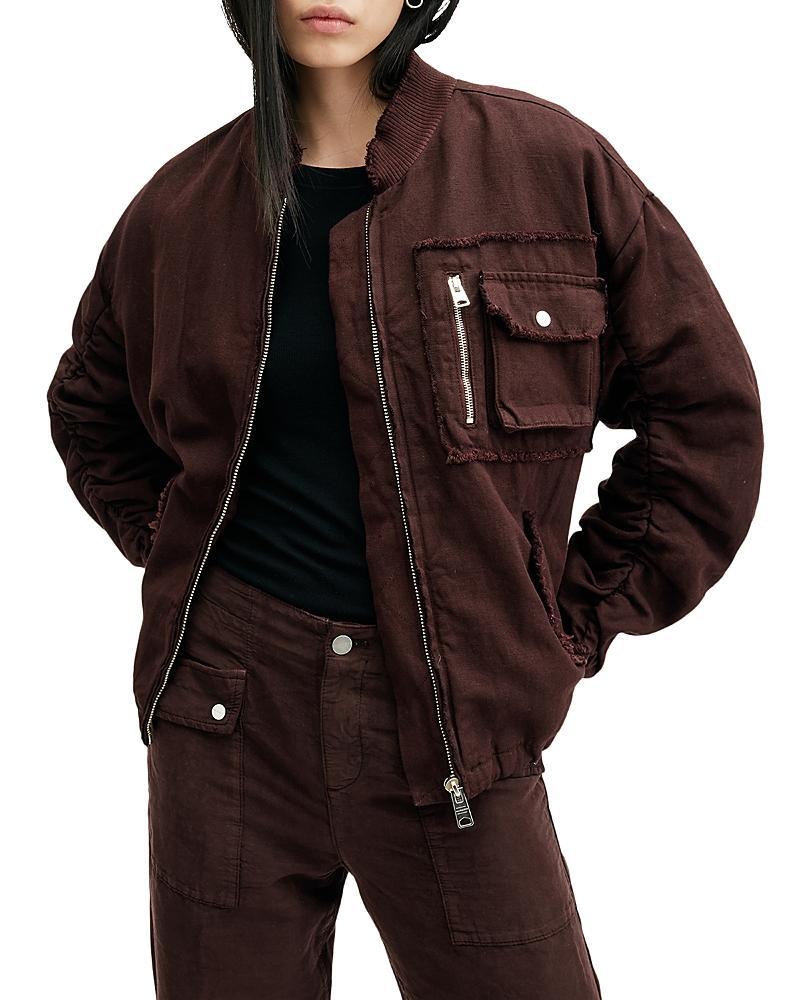 Rue Linen Blend Denim Bomber Jacket In Dark Wine Red Product Image