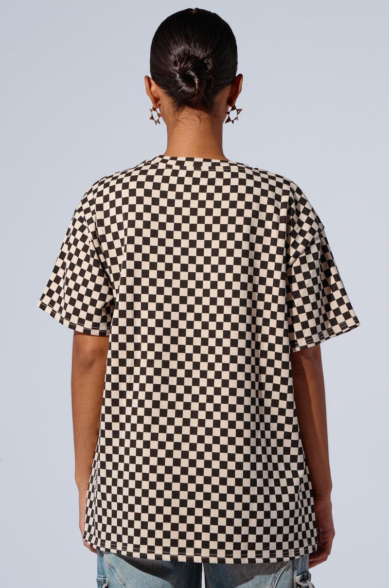 RHINESTONE SMILEY FACE OVERSIZED CHECKERED TSHIRT Product Image