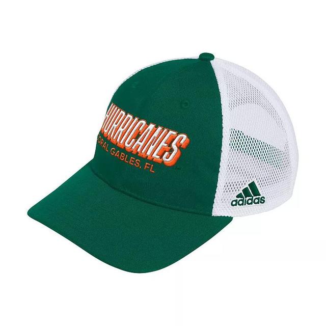 Mens adidas Miami Hurricanes Mascot Block Letter Slouch Trucker Adjustable Hat Product Image