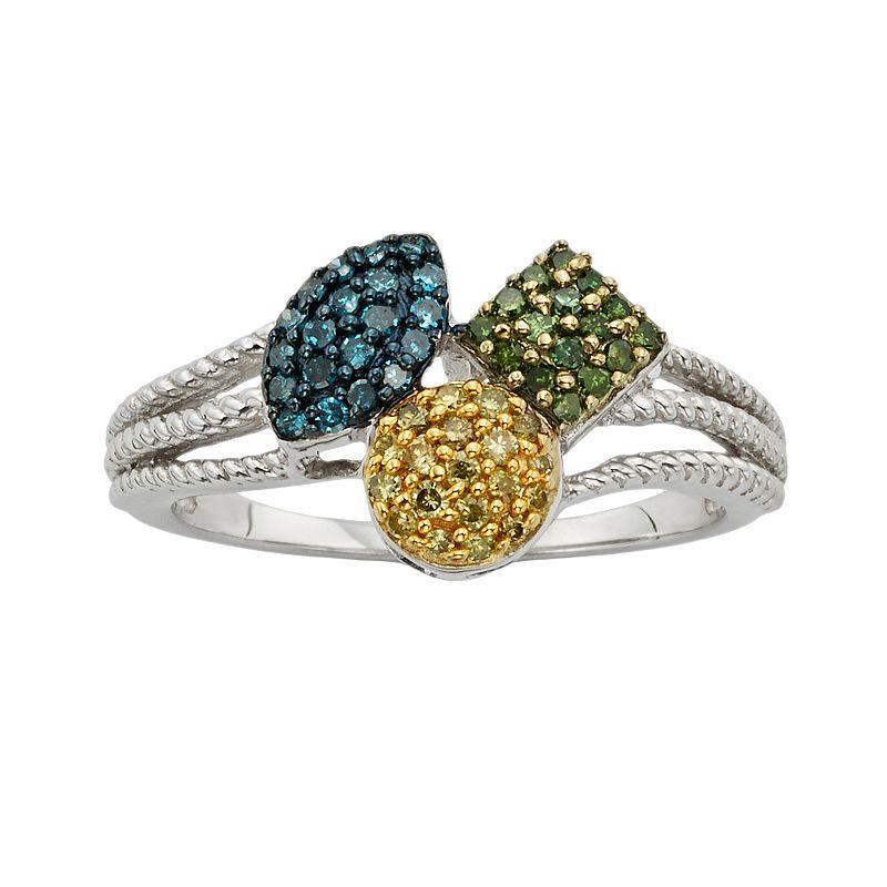 Jewelexcess Sterling Silver 1/4-ct. T.W. Blue, Yellow and Green Diamond Ring, Womens Multicolor Product Image