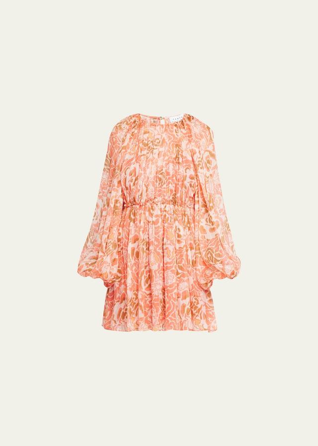 York Floral Linen-Silk Blouson-Sleeve Mini Dress Product Image