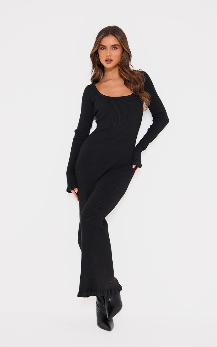 Black Rib Knit Piquet Hem Maxi Dress product image