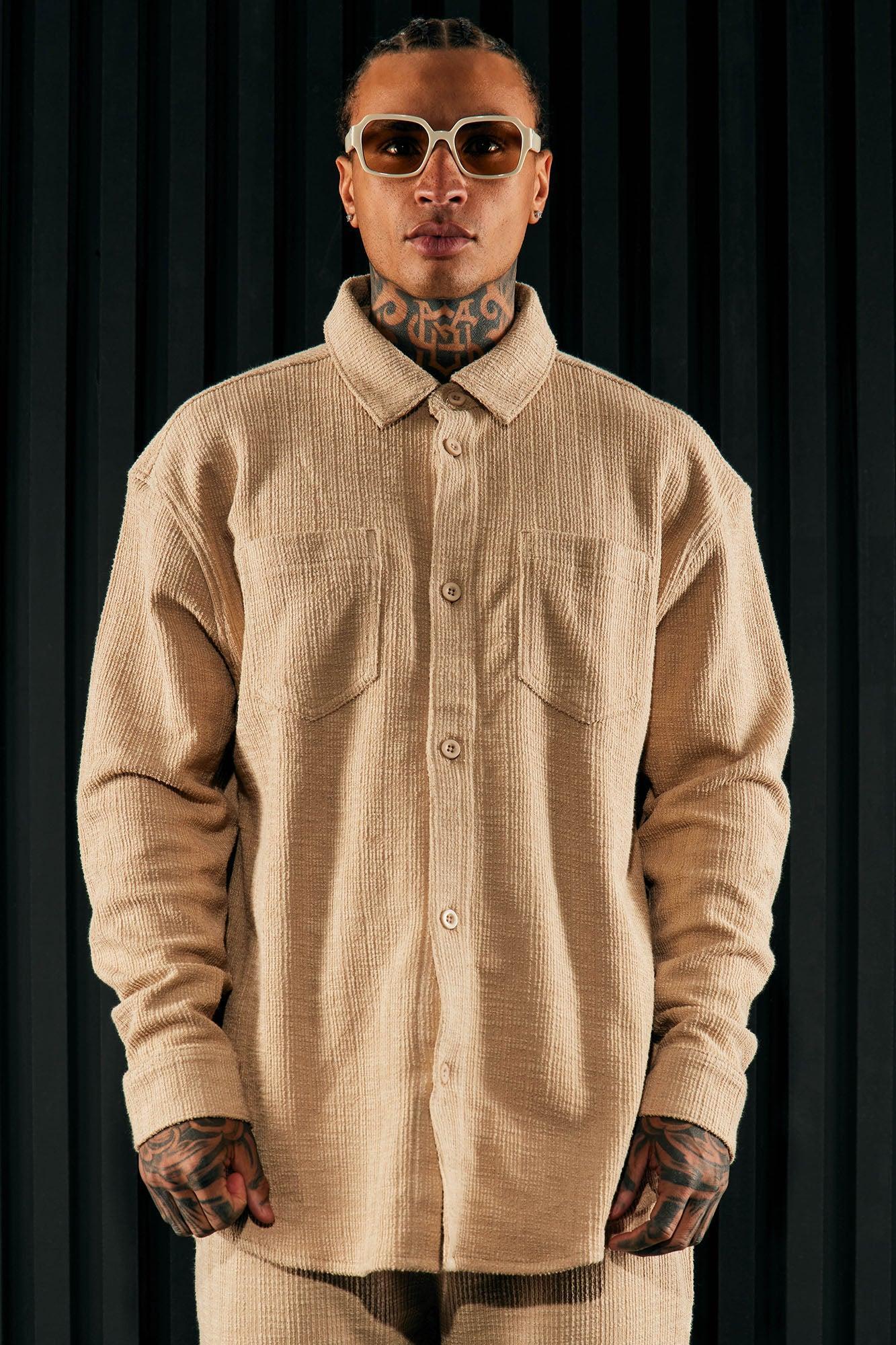 Dean Textured Long Sleeve Button Up Shirt - Tan Product Image