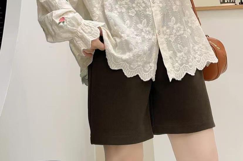 Long Sleeve Band Collar Flower Embroidered Blouse Product Image