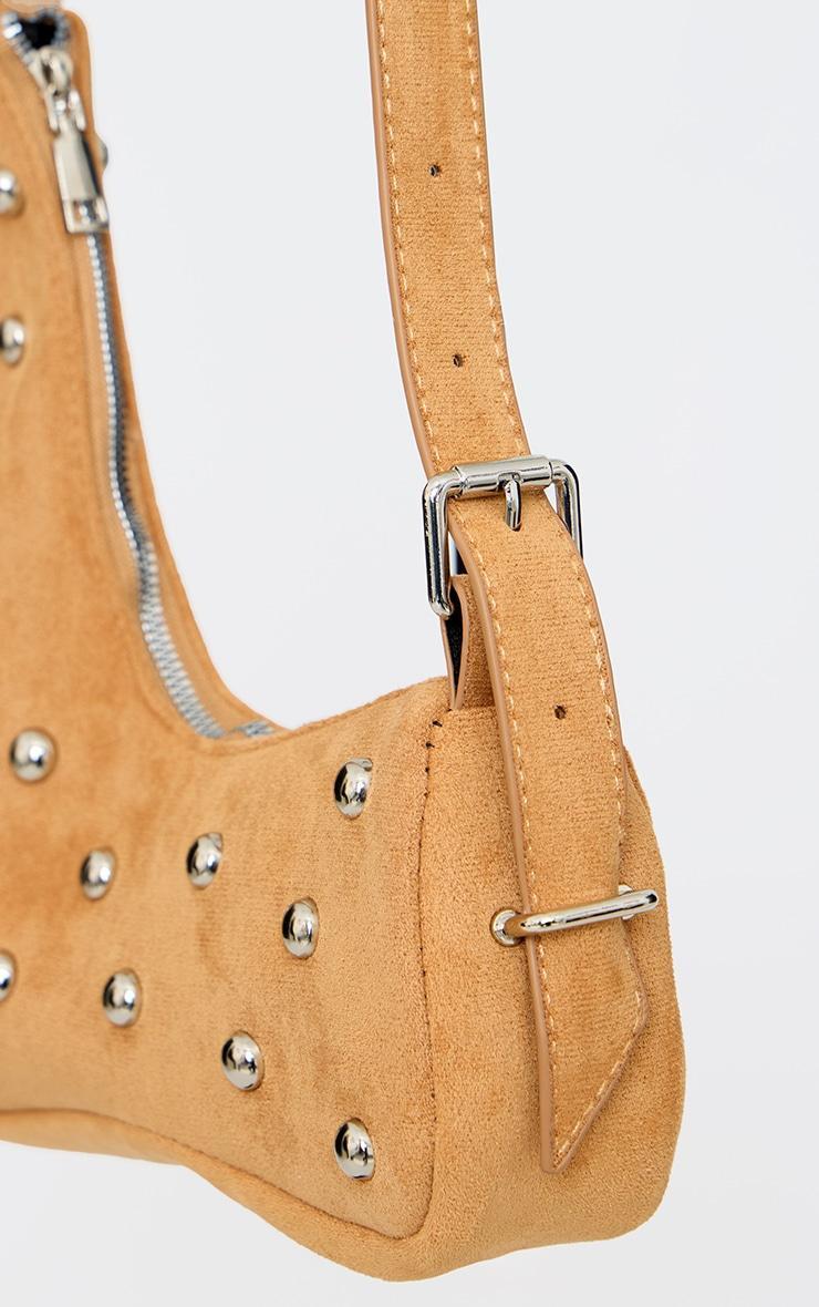 Camel Faux Suede Silver Studded Abstract Shoulder Bag Product Image