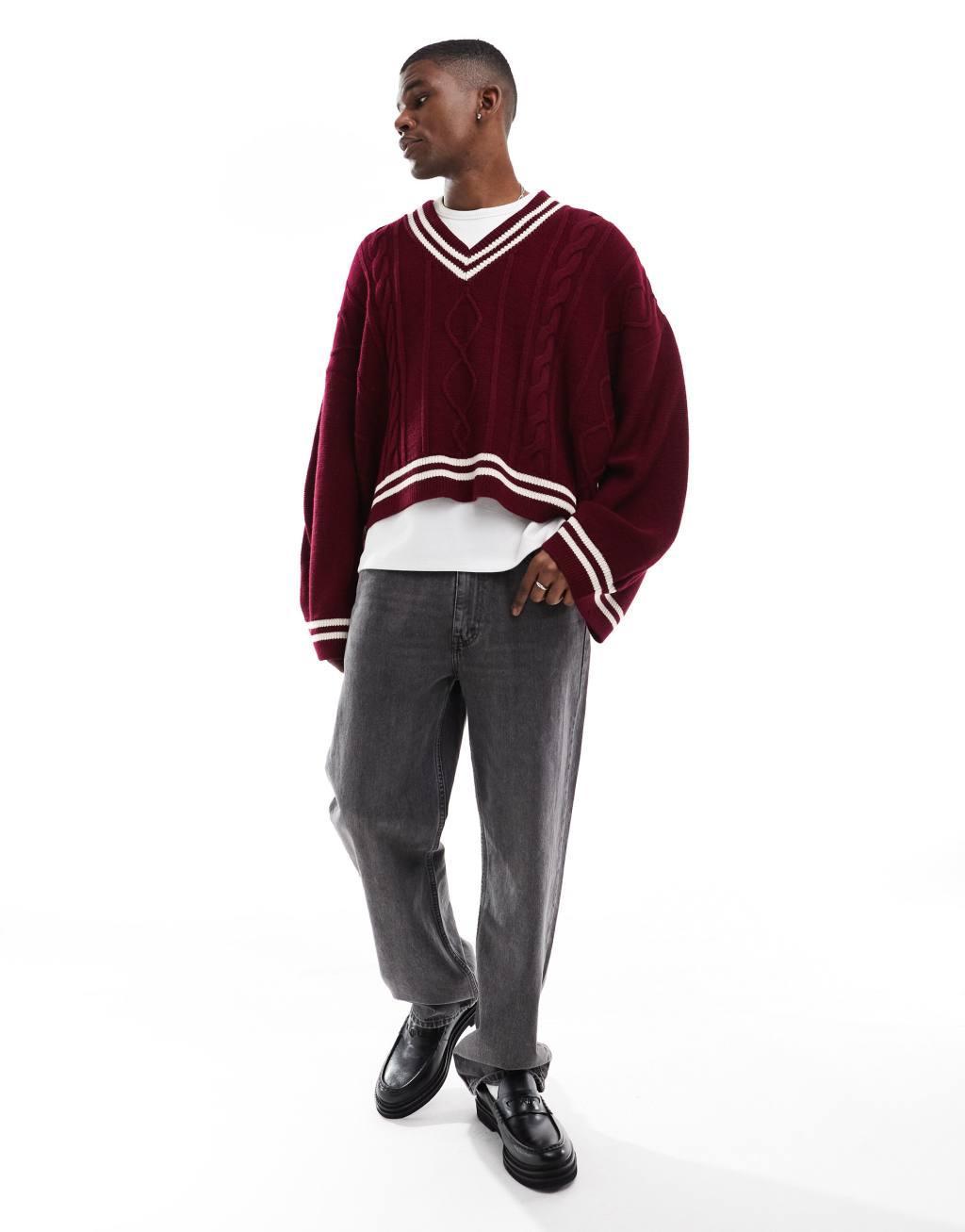 ASOS DESIGN knitted extreme oversized cropped v neck sweater in burgundy with tipping Product Image