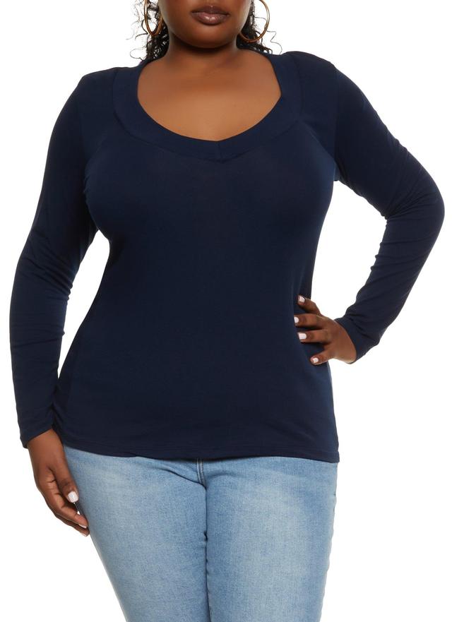 Womens Plus Size Solid V Neck Long Sleeve Tee Product Image