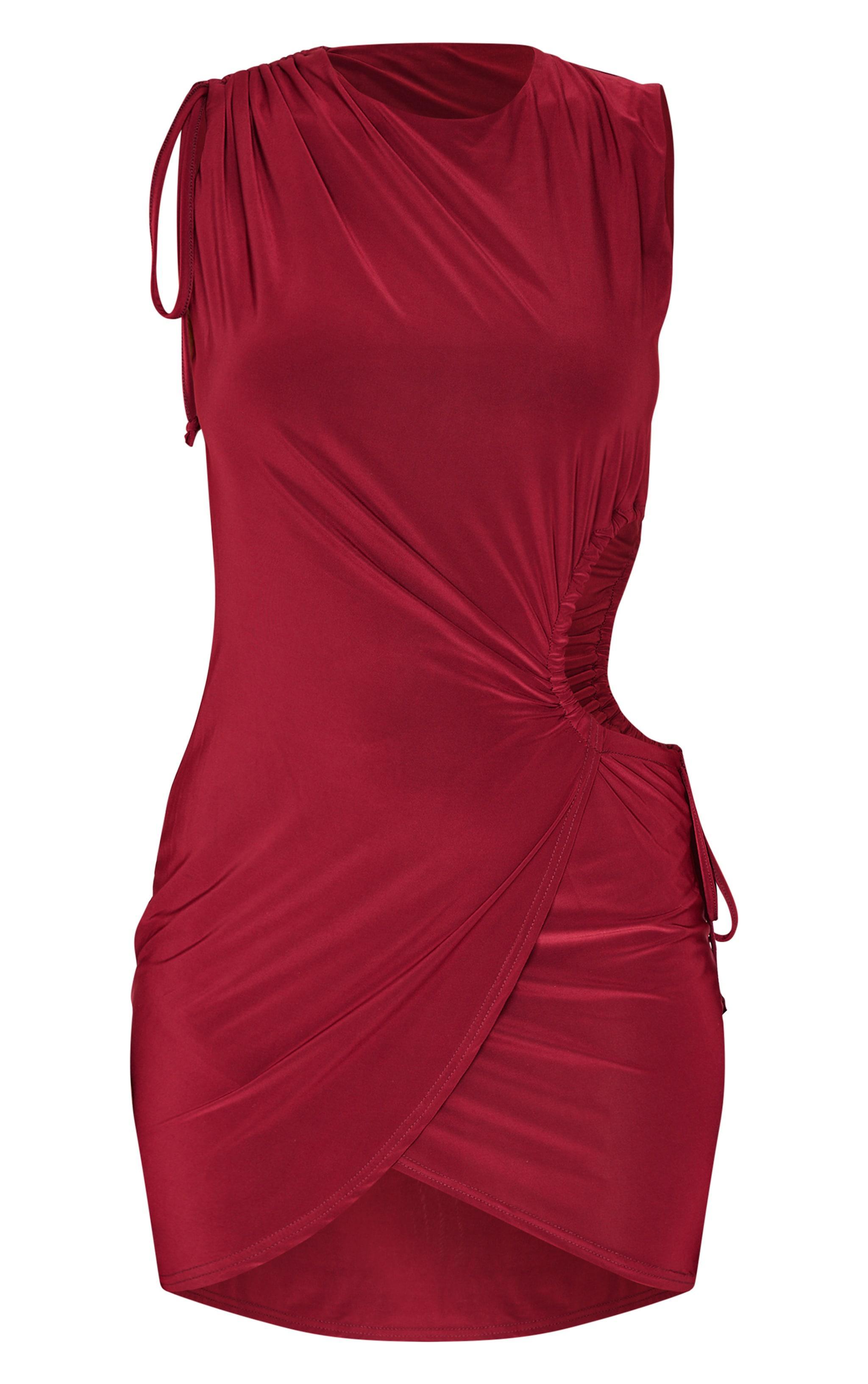 Burgundy Double Layer Slinky Ruched Cut Out Mini Dress Product Image