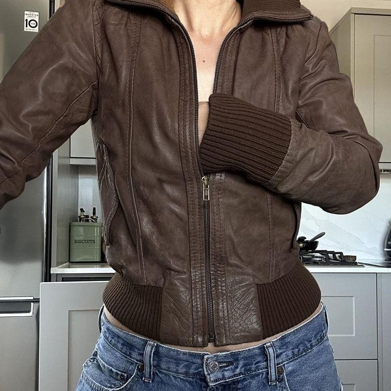 Washed Faux Leather Zip Jacket Product Image