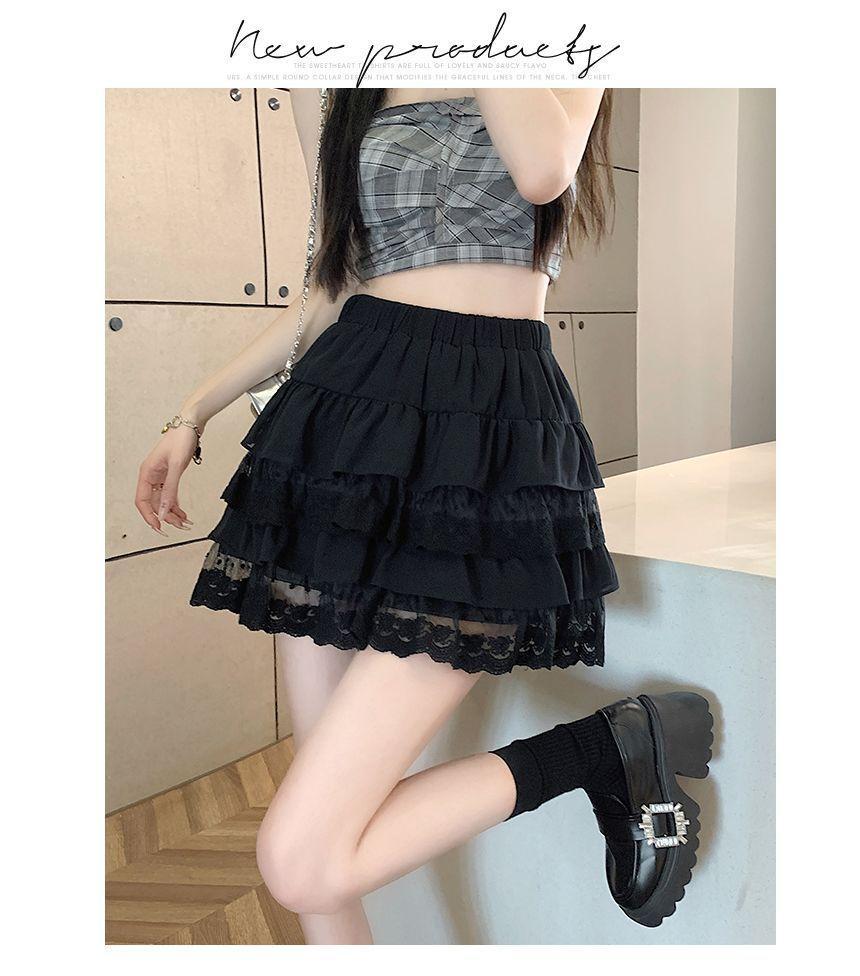 High Rise Plain Lace Trim Mini A-Line Layered Skirt Product Image