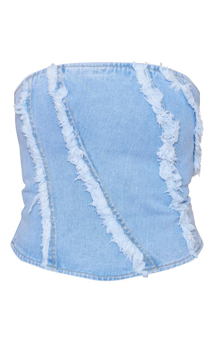 Light Blue Wash Frayed Seam Detail Denim Corset Top Product Image