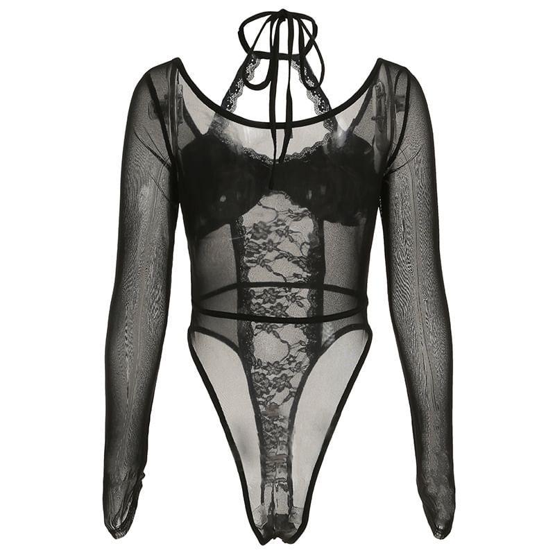 Long Sleeve Choker Neck Floral Lace Bodysuit Top Product Image