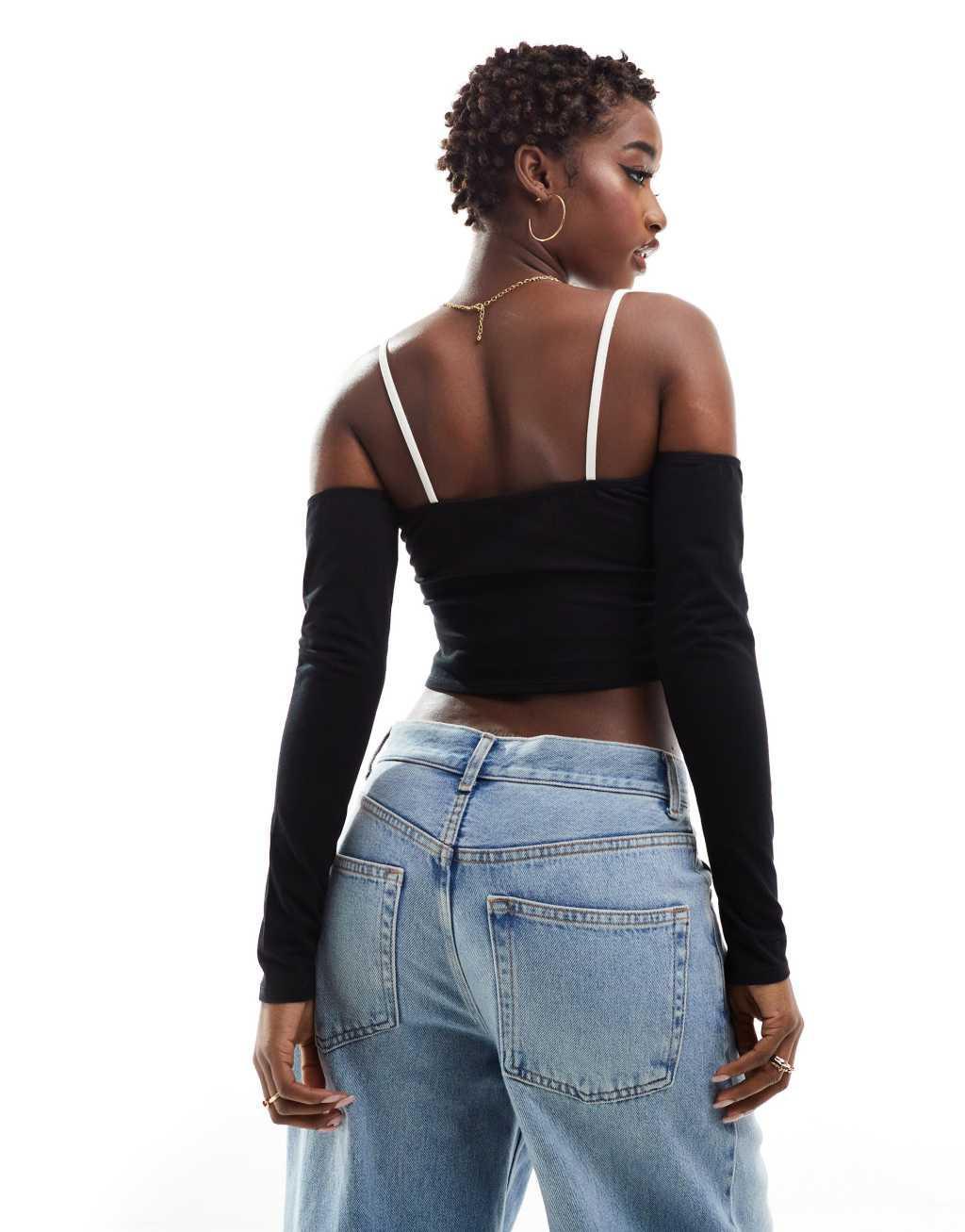 ASOS DESIGN contrast cami detail cold shoulder top in black and white  Product Image