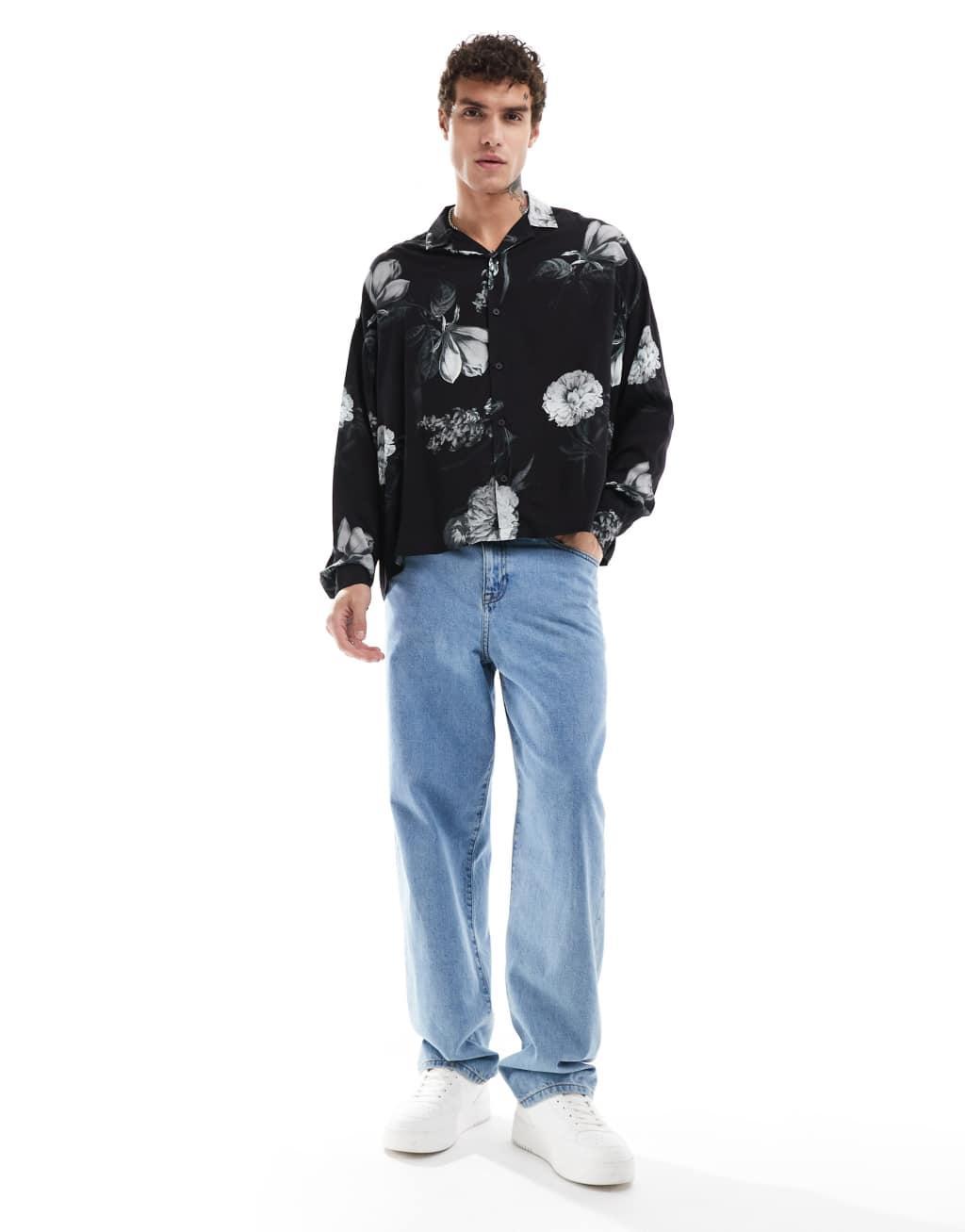 ASOS DESIGN boxy oversized shirt with floral print in black  Product Image